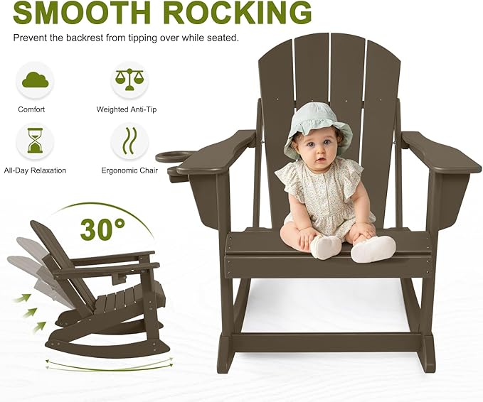Outdoor Rocking Chairs Set of 4, HDPE Poly All-Weather Patio Rocking Chairs with Cup Holder for Adults, Porch Rocker for Deck Patio Balcony, 440lbs, Dark Brown