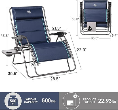 Timber Ridge Oversized Zero Gravity Chair, 33In Wide XXL Zero Gravity Reclining Chair with Side Table, Full Padded Lounge Chair for Outdoor Camping Patio Lawn, Heavy Duty Supports 500lbs, Blue-1 Pack