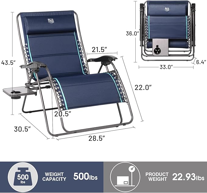 Timber Ridge Oversized Zero Gravity Chair, 33In Wide XXL Zero Gravity Reclining Chair with Side Table, Full Padded Lounge Chair for Outdoor Camping Patio Lawn, Heavy Duty Supports 500lbs, Blue-2 Pack