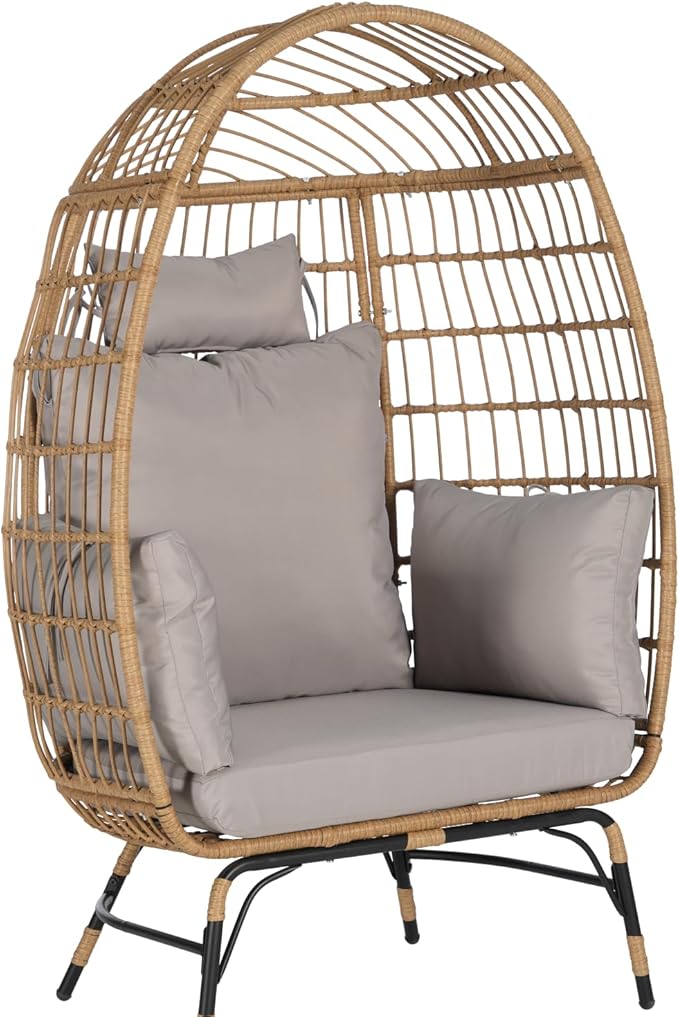 Oversized Wicker Egg Chair with Ottoman, Rattan Patio Egg Chair with Stand and Thick Cushions, Indoor Outdoor Lounge Chair for Backyard, Balcony, Living Room, Light Gray ＋Ottoman