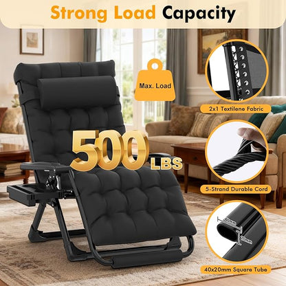 Slendor Oversized Zero Gravity Chairs XXL, 33In Padded Zero Gravity Lounge Chair, Lawn Recliner, Folding Patio Reclining Chair w/Aluminum Alloy Lock, Headrest, Cup Holder, Support 500lbs, Black