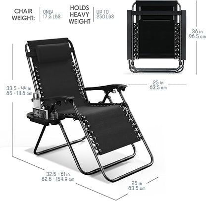 Nestl Zero Gravity Chairs Set of 2, Patio Lounge Chair Outdoor with Pillows & Cup Holder Trays, Adjustable Steel Mesh Reclining Camping Chair, Folding Patio Lawn Chair for Deck, Beach, Yard - Black