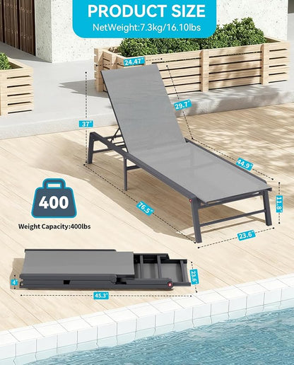 Aluminum Chaise Lounge Outdoor, Foldable & Assemble-Free Lounge Chair Outdoor Set of 2, Lounge Chair with 5 Adjustable Backrest, Patio Lounge Chair for Outside, Poolside, Beach, Pool, Blue