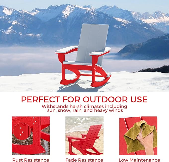 Costaelm Outdoor Adirondack Chair, All Weather Resistant Lawn Chairs Balcony Chair and Fire Pit Chairs, Patio Chair Outdoor Porch Rocking Chair High Back HDPE Poly Lumber, Red