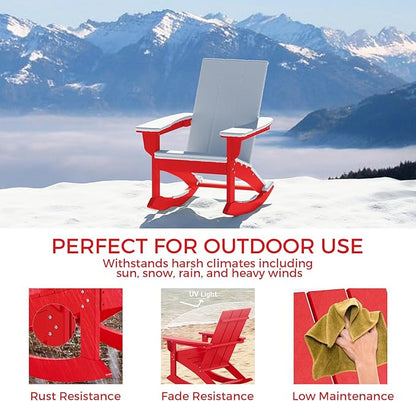 Costaelm Outdoor Adirondack Chair, All Weather Resistant Lawn Chairs Balcony Chair and Fire Pit Chairs, Patio Chair Outdoor Porch Rocking Chair High Back HDPE Poly Lumber, Red