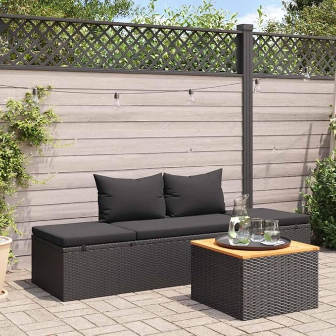 Adjustable Sun Lounger with Cushions, Black Poly Rattan Outdoor Chaise Lounge for Patio Garden Poolside - Photo 1