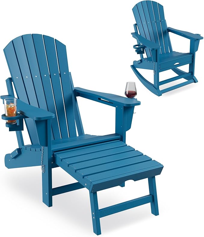 Garvee Folding Adirondack Chairs with Two Cup Holders. HDPE All Weather Outdoor Adirondacks Rocking Chair with Retractable Ottoman, Outdoor Adirondack Chair for Patio, Outside, Deck, Backyard-Blue