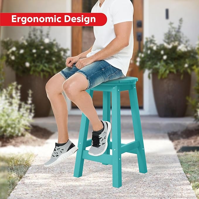 Costaelm 24" Height Outdoor Bar Stools, All-Weather Bar Stools, Adirondack Poly Patio Round Bar Stool for Patio, Deck, Kitchen Counter and Garden, Turquoise