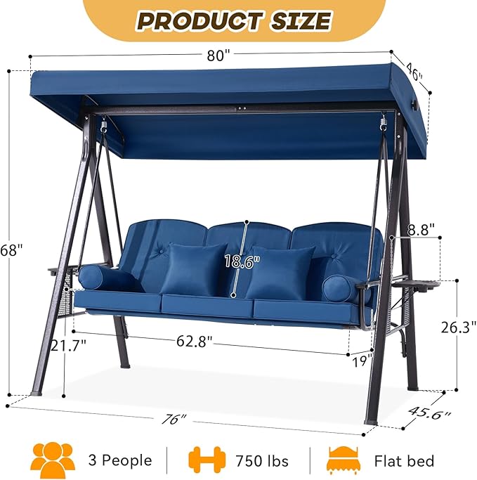 3 in 1 Outdoor Porch Swing with Adjustable Canopy, 3 Seat Outdoor Swing for Adults - Photo 8