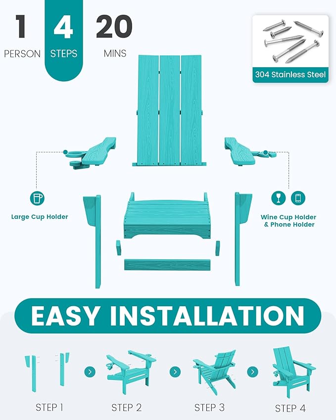 SERWALL Modern Adirondack Chair Set of 2, Folding Adirondack Chair with Cup Holders, Outdoor HDPE Adirondack Chair, Teal - Photo 5