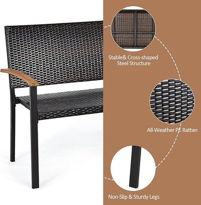 Tangkula 2 Pieces Patio Wicker Bench, All Weather Rattan Bench w/Acacia Wood Armrest, Outdoor Loveseat Chair, Lightweight Patio Stackable Dining Bench for Front Porch, Backyard, Garden, Pool, Deck