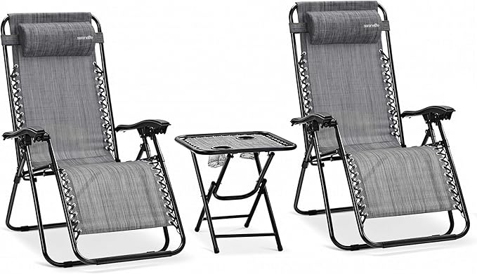 SereneLife Outdoor Zero Gravity Lounge Chair Set with Table – 2 Adjustable Recliners with Cup Holders, Headrest - Photo 1
