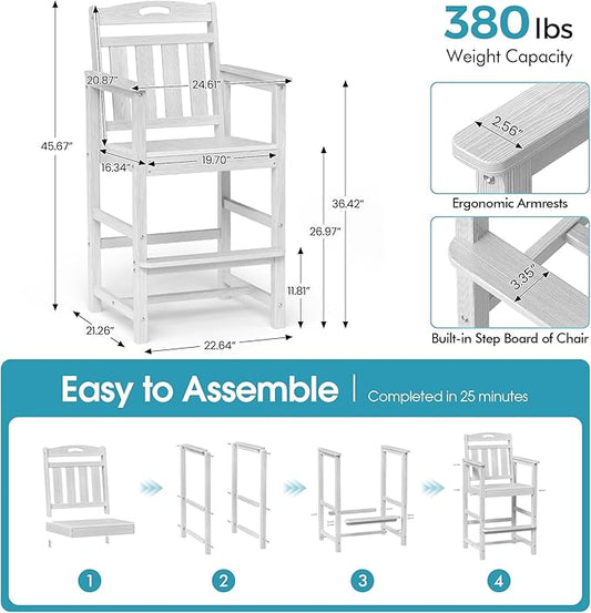 Ciokea Heavy Duty Bar Height Chair, 380lbs Outdoor Adirondack Tall Bar Chair Patio Stool with Arms & High Back, Heavy Duty All-Weather for Balcony, Poolside, Deck and Garden, White