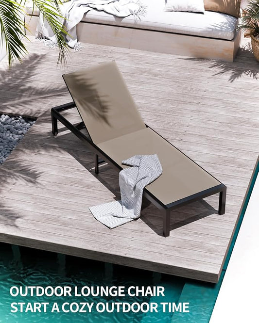 Aluminum Lounge Chairs Outdoor Chaise Furniture,2 Sets Patio Metal Deck Lounger Adjustable 5-Position Poolside Chase Recliner with Wheels for Beach,Coffee Table, (Khaki, 2 Chairs)
