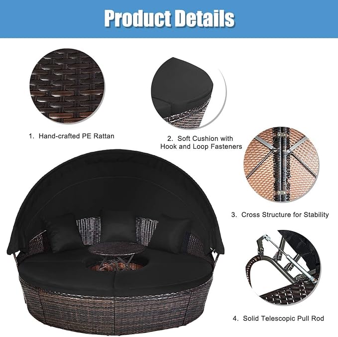 HAPPYGRILL Patio Daybed with Canopy Outdoor Furniture Set Sofa Set Rattan Wicker Round Daybed with Soft Cushions Coffee - Photo 6