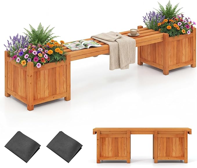 HAPPYGRILL 2-in-1 Outdoor Bench with 2 Raised Garden Beds, 2 Person Patio Bench with Teak Oil Finish, Open-Ended Base, Wooden Garden Bench for Flowerpots, Indoor Patio Yard Porch Decoration (1)