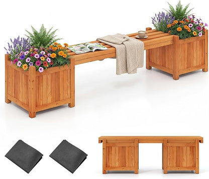 HAPPYGRILL 2-in-1 Outdoor Bench with 2 Raised Garden Beds, 2 Person Patio Bench with Teak Oil Finish, Open-Ended Base, Wooden Garden Bench for Flowerpots, Indoor Patio Yard Porch Decoration (1)