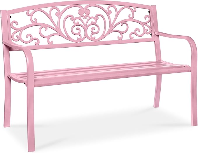 Best Choice Products Outdoor Bench Steel Garden Patio Porch Furniture for Lawn, Park, Deck w/Floral Design Backrest - Photo 1
