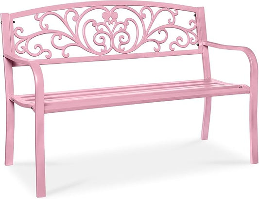 Best Choice Products Outdoor Bench Steel Garden Patio Porch Furniture for Lawn, Park, Deck w/Floral Design Backrest, Slatted Seat - Pink