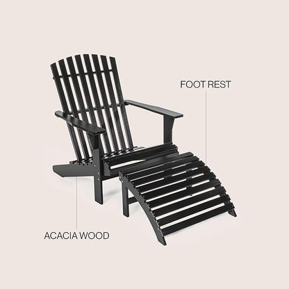 Eyely KDA1000C Zalenor 2-Piece Traditional Rustic Acacia Wood Adirondack Chair with Detachable Ottoman, Black