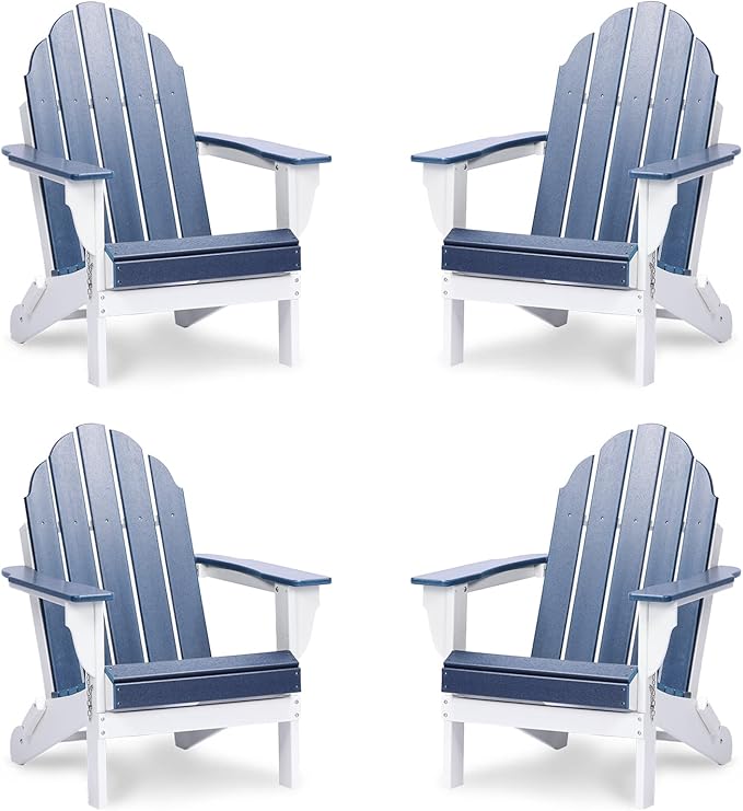 Aoodor HDPE Outdoor All-Weather Folding Adirondack Chair for Patio, Garden, Backyard, Lawn, Fire Pit, Set of 4, Navy Blue