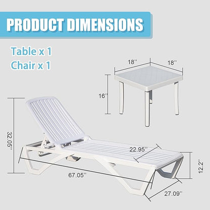 Domi Patio Outdoor Chaise Lounge Chair, All-Weather Plastic Adjustable Reclining Lounger, Stackable Tanning Lounge Chair w/Wheels and Side Table, for Beach Garden Lawn Pool(1 White Chair W/Table)