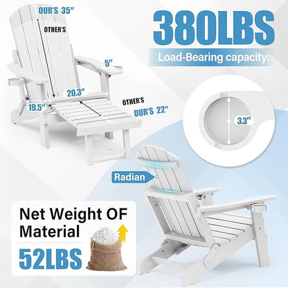 YEFU Adirondack Chair with Retractable Ottoman: Folding Adirondack Chairs Set of 2-5-Level Adjustable Backrest with Footrest - Fire Pit Chairs - 2 Cup Holder - Outdoor Plastic Chair for Patio(White)