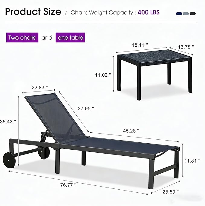 PURPLE LEAF Outdoor Chaise Lounge Chairs Set Recliner Aluminum Adjustable Chair with Wheels and Side Table for Poolside Beach Patio Sunbathing Lounger, Navy Blue