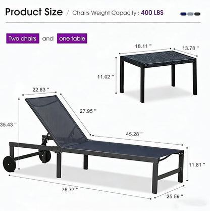 PURPLE LEAF Outdoor Chaise Lounge Chairs Set Recliner Aluminum Adjustable Chair with Wheels and Side Table for Poolside Beach Patio Sunbathing Lounger, Navy Blue