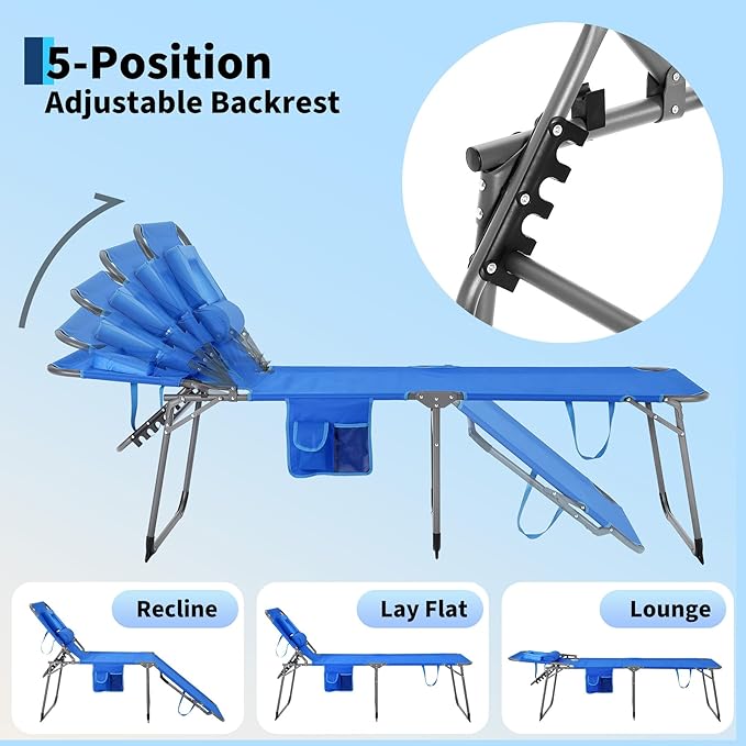 Tanning Chair with Face Hole Folding Beach Lounge Chair, 5-Position Adjustable Backrest, Pillow & Side Pocket - Photo 5