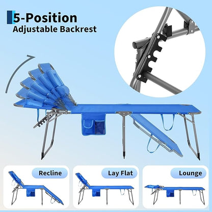 Tanning Chair with Face Hole Folding Beach Lounge Chair,5-Position Adjustable Backrest, Pillow & Side Pocket,Portable Face Down Chaise Lounge for Outdoor Backyard Poolside,Beach, Patio,Blue