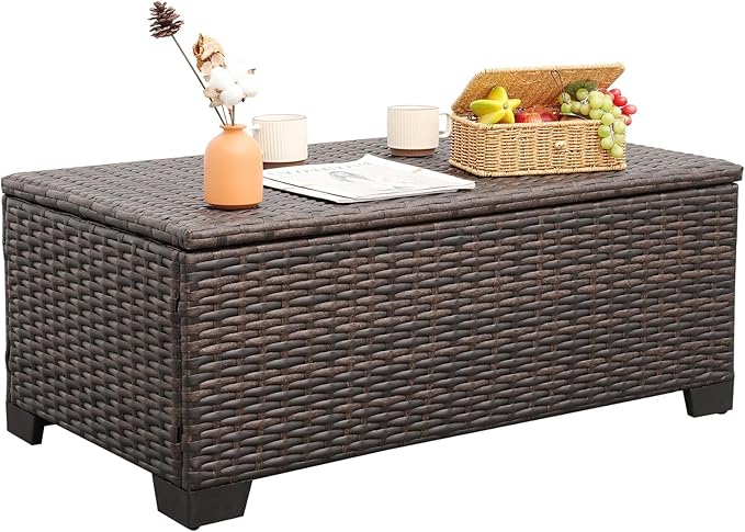 Rattaner Outdoor Table Patio Furniture All-Weather Patio Table Wicker Coffee Table with Storage and Furniture Cover, Dark Brown