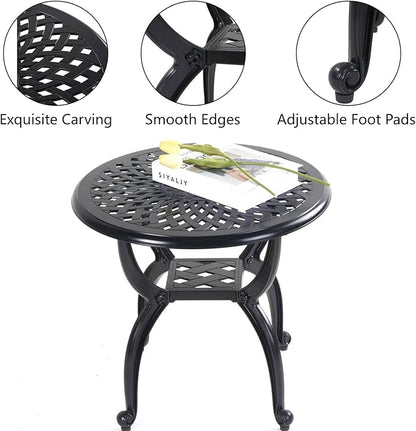 Mandolin Outdoor Patio,Rust -Resistant Cast Aluminum Side Table,Weather Resistant End Table，Coffee Table， Perfect for Patio, Backyard Or Garden.W 20.8" X H18.5(Aluminum Round, Black)