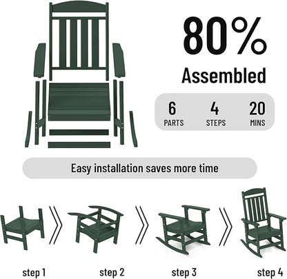 Outdoor Rocking Chairs Set of 6, Oversized High Back Patio Rocking Chairs, All Weather Porch Rocking Chairs for Outside. Dark Green