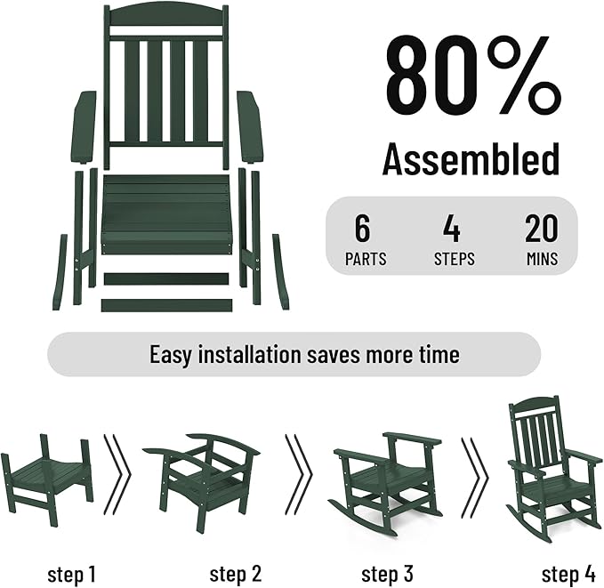Outdoor Rocking Chairs Set of 8, Oversized High Back Patio Rocking Chairs, All Weather Porch Rocking Chairs for Outside. Dark Green