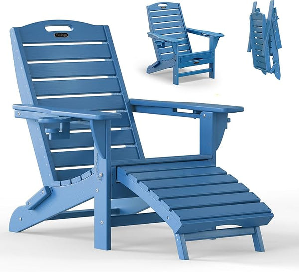 Folding Adirondack Chair with Retractable Ottoman Weather Resistant Fire Pit Chair Patio Chair with 2 Cup Holder Lawn - Photo 1