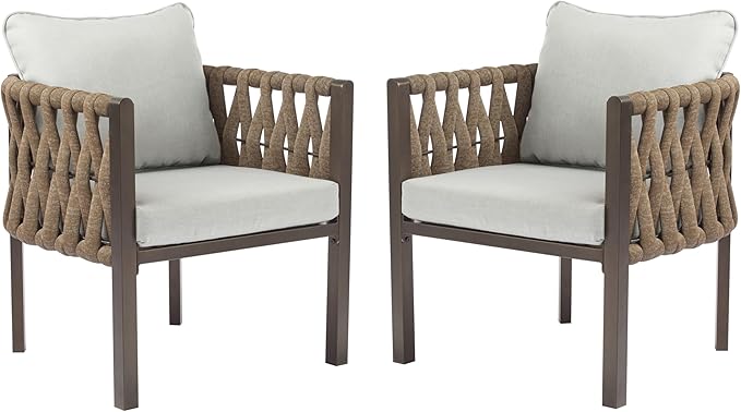 Christopher Knight Home Lena Patio Club Chairs Set of 2, Metal Accent Chairs, Rope Woven Backrest Armchair, Upholstered Cushions Seating, Tub Back Design for Backyard Garden, Brown+Light Gray