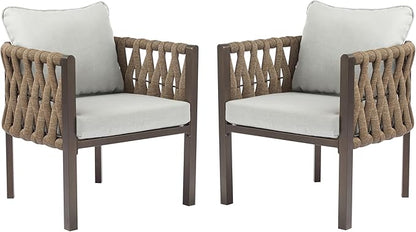 Christopher Knight Home Lena Patio Club Chairs Set of 2, Metal Accent Chairs, Rope Woven Backrest Armchair, Upholstered Cushions Seating, Tub Back Design for Backyard Garden, Brown+Light Gray