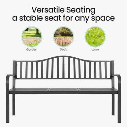 BODIOO Outdoor Metal Garden Bench 59" Patio Bench with Built in Table Park Bench, Outside Bench Weather Proof Front Porch Bench, 500lbs, Gray