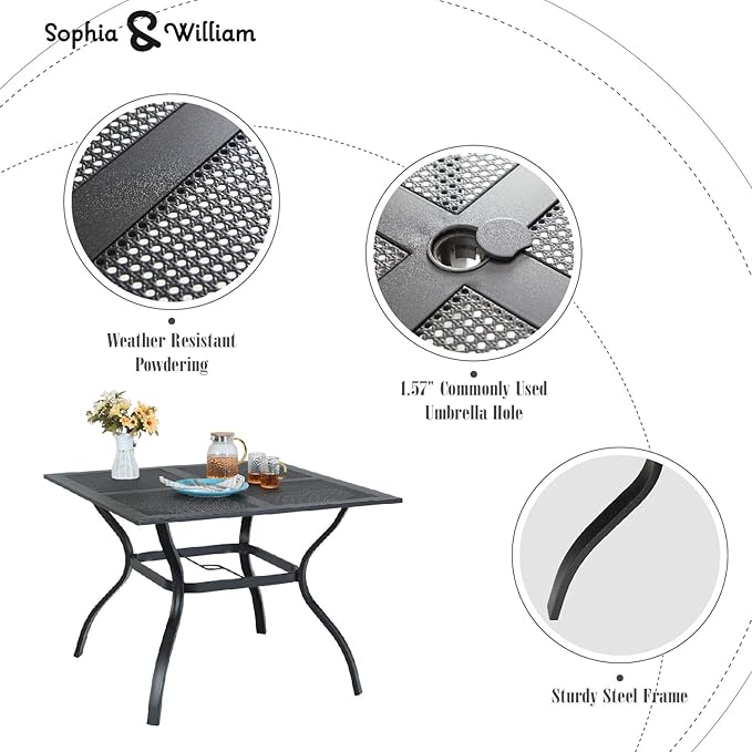 Sophia & William Metal Outdoor Dining Table, Square Mesh Patio Table with 1.57" Umbrella Hole - Photo 6