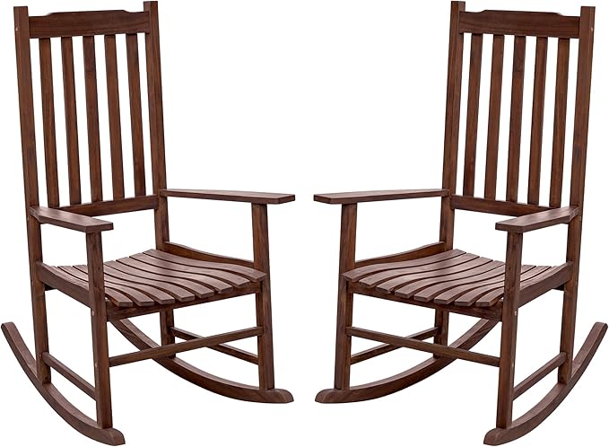 Flamaker Acacia Wood Patio Rocking Chair Set of 2, High Back and Widen Armrest for Adults, Solid Wood Porch Rocking Chair for Lawn, Garden, Backyard (Brown)