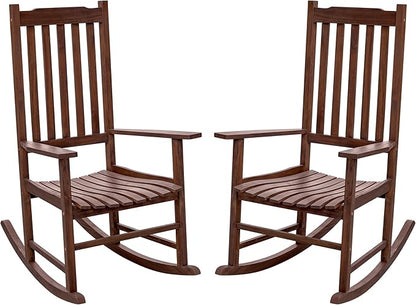 Flamaker Acacia Wood Patio Rocking Chair Set of 2, High Back and Widen Armrest for Adults, Solid Wood Porch Rocking Chair for Lawn, Garden, Backyard (Brown)