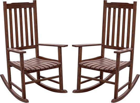 Flamaker Acacia Wood Patio Rocking Chair Set of 2, High Back and Widen Armrest for Adults, Solid Wood Porch Rocking Chair for Lawn, Garden, Backyard (Brown)