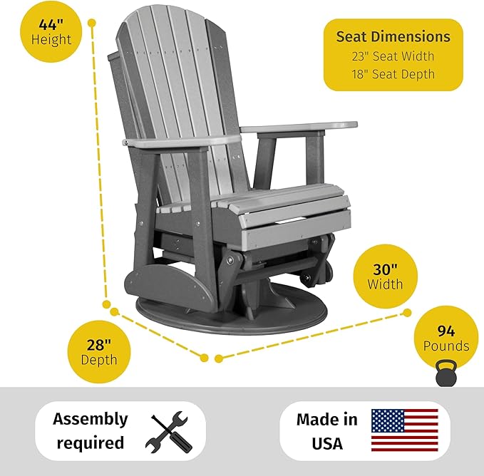 LuxCraft 2' Adirondack Outdoor Swivel Glider Chair, Patio Glider Rocker, Outdoor Swivel Rocker Chair, Glider Rocking Chair (Birch & White)