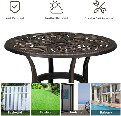 Patio Cast Aluminum Side Table with Umbrella Hole, Outdoor End Table Small Round Coffee Table for Backyard, Garden, Porch, Balcony, Pool Side, Indoor, Weather Resistant, Bronze