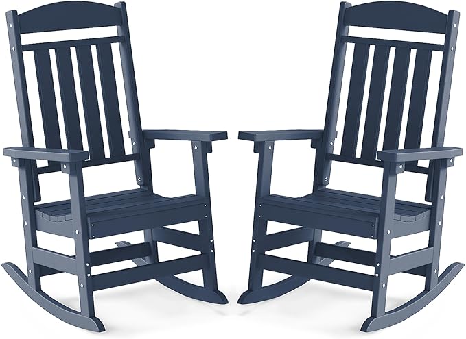 FOOWIN Outdoor Rocking Chair Set of 2, High Back Patio Rocking Chair, HDPE All Weather Resistant Porch Rocker for Adult, Oversized Rocking Chairs for Garden, Lawn, Indoor & Outdoor Use, Navy Blue