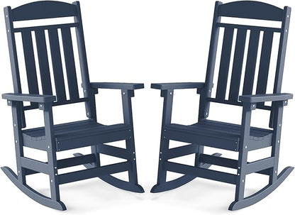 FOOWIN Outdoor Rocking Chair Set of 2, High Back Patio Rocking Chair, HDPE All Weather Resistant Porch Rocker for Adult, Oversized Rocking Chairs for Garden, Lawn, Indoor & Outdoor Use, Navy Blue
