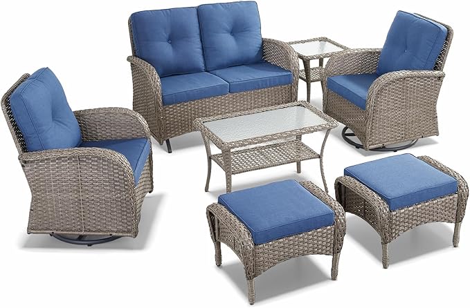 7 Pieces Patio Furniture-Patio Swivel Chairs Set of 2 Outdoor Glider Bench Rocking Chair with Patio Ottomans Patio Conversation Sets for Deck Porch Garden Balcony Poolside-Grey/Blue
