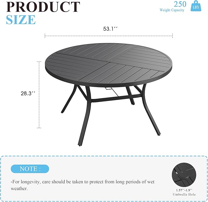 VICLLAX 53" Round Patio Table with Umbrella Hole, All Weather Metal Outdoor Dining Table for 6-8 - Photo 5