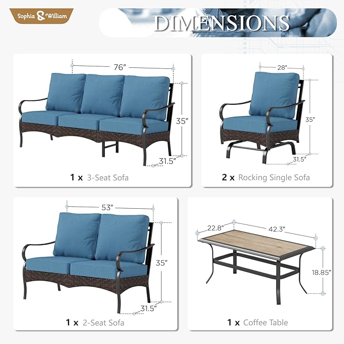 Sophia & William Patio Furniture Set, 5 Piece Metal Outdoor Conversation Set with 3-Seater Outdoor Couch, 2 Sofa Chairs - Photo 7